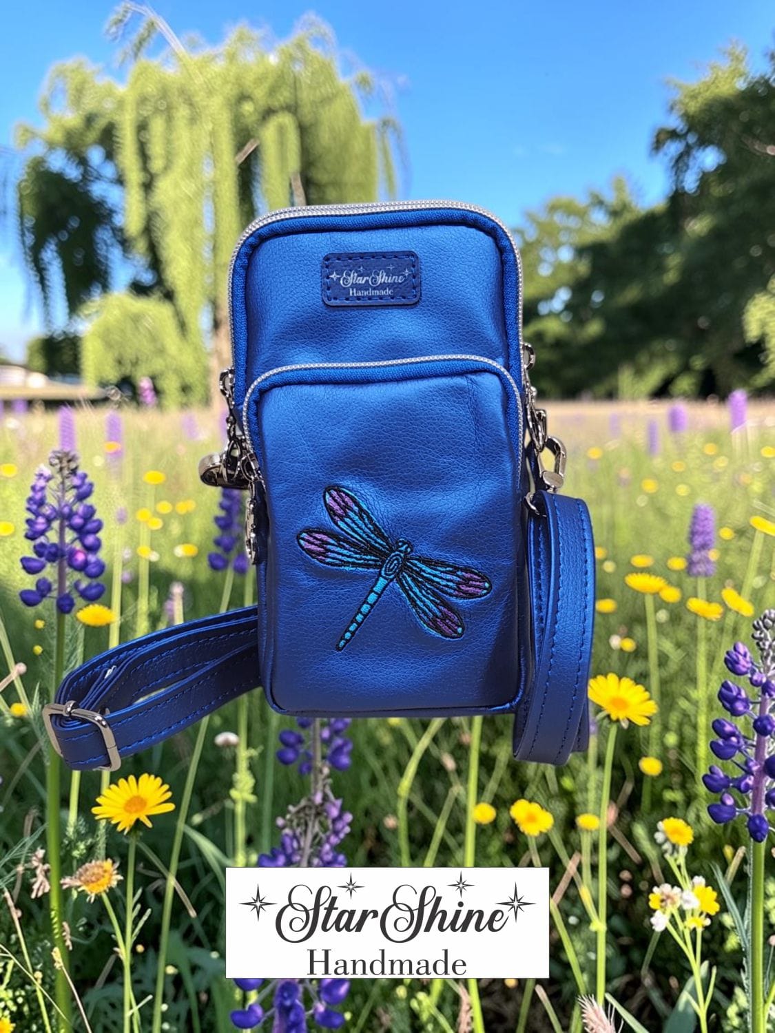 Dragonfly Triple-Zip Crossbody. Front View.