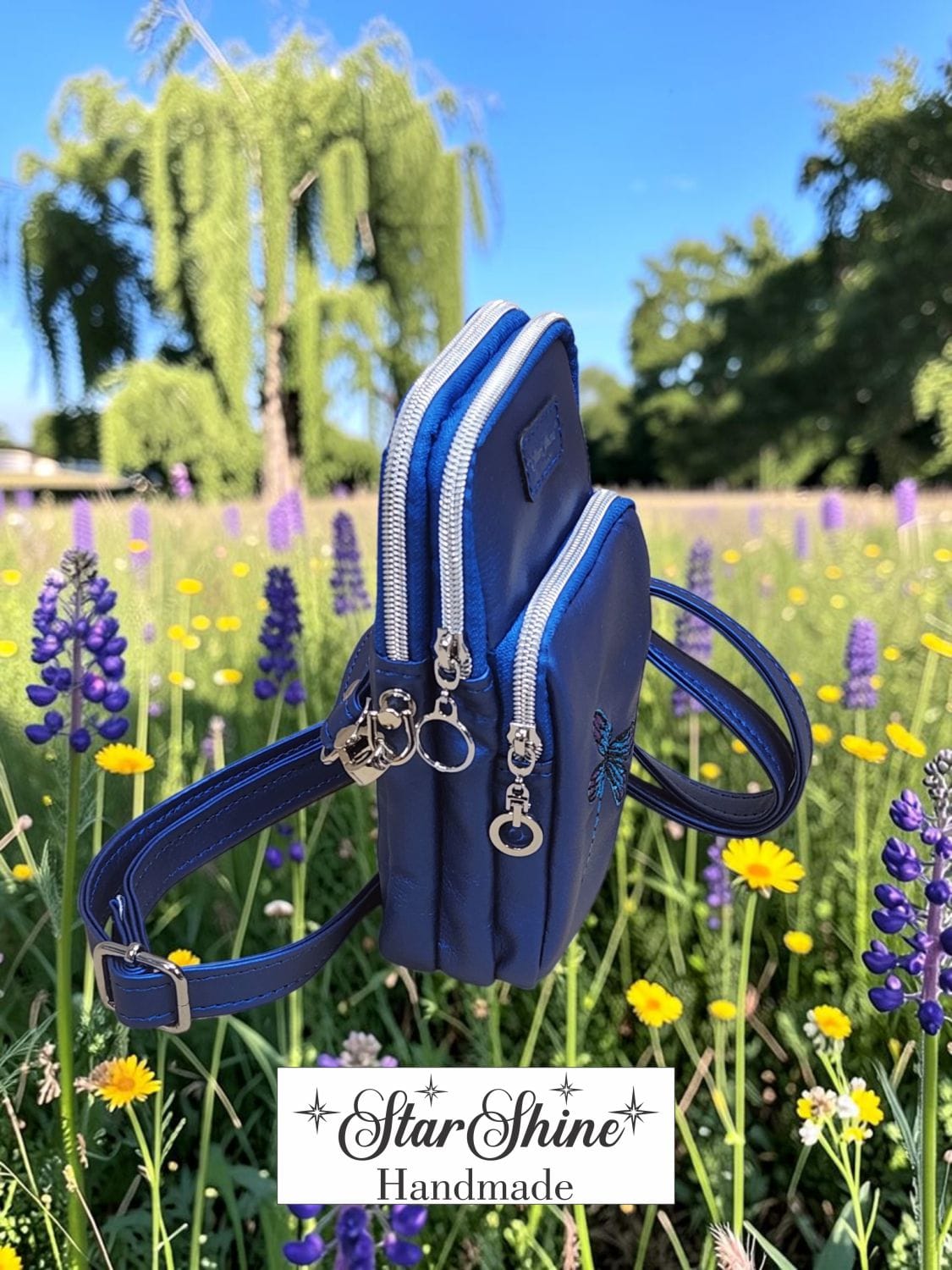 Dragonfly Triple-Zip Crossbody. Side View.