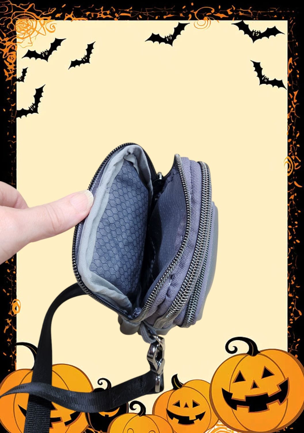 Halloween Hello Kitty Cellphone Crossbody. Interior View.