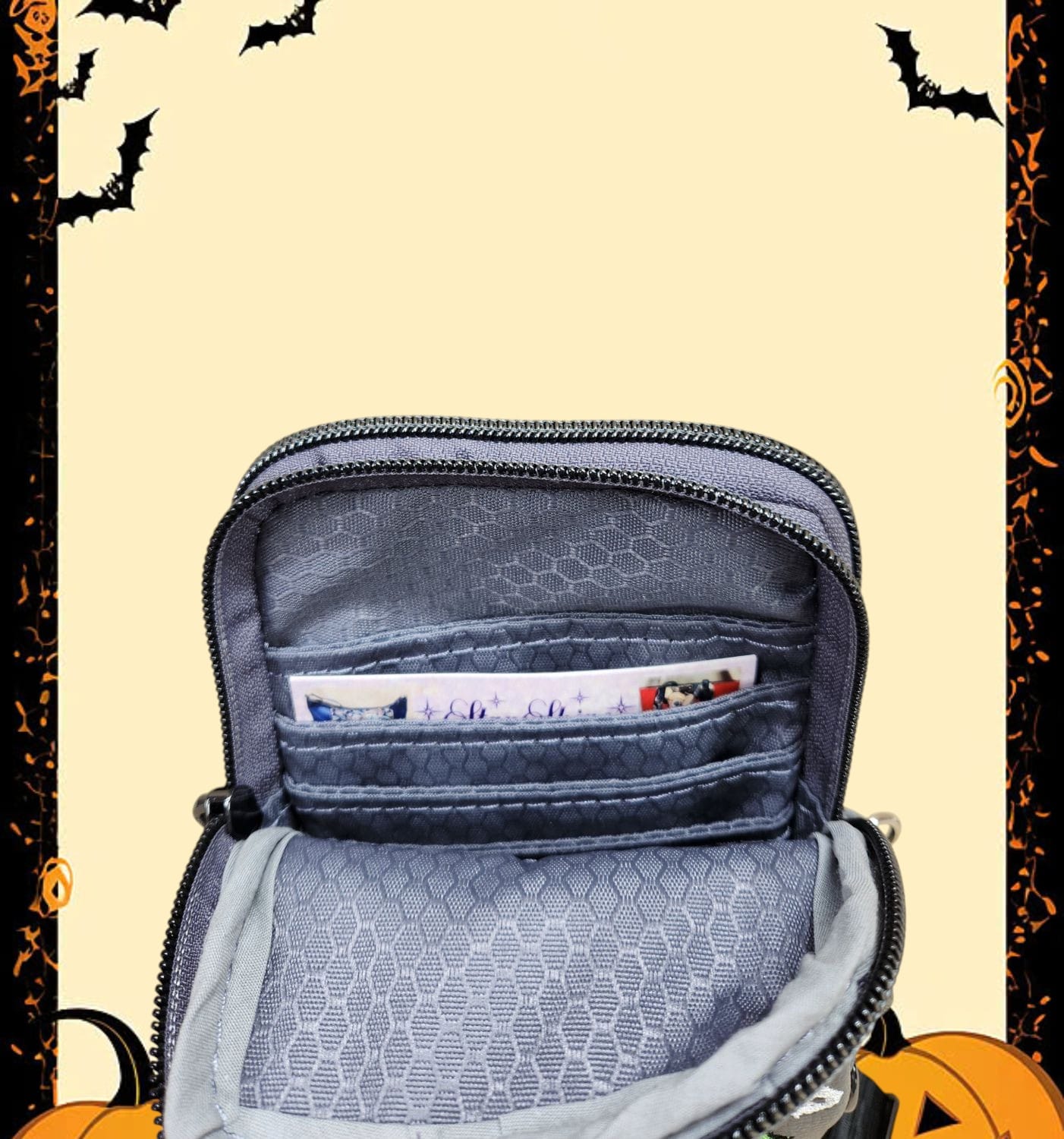 Halloween Hello Kitty Cellphone Crossbody. Interior View.