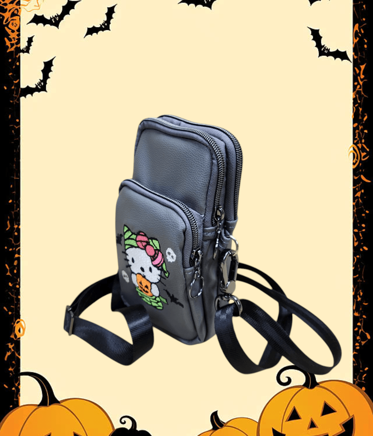 Halloween Hello Kitty Cellphone Crossbody. Top/Side View.