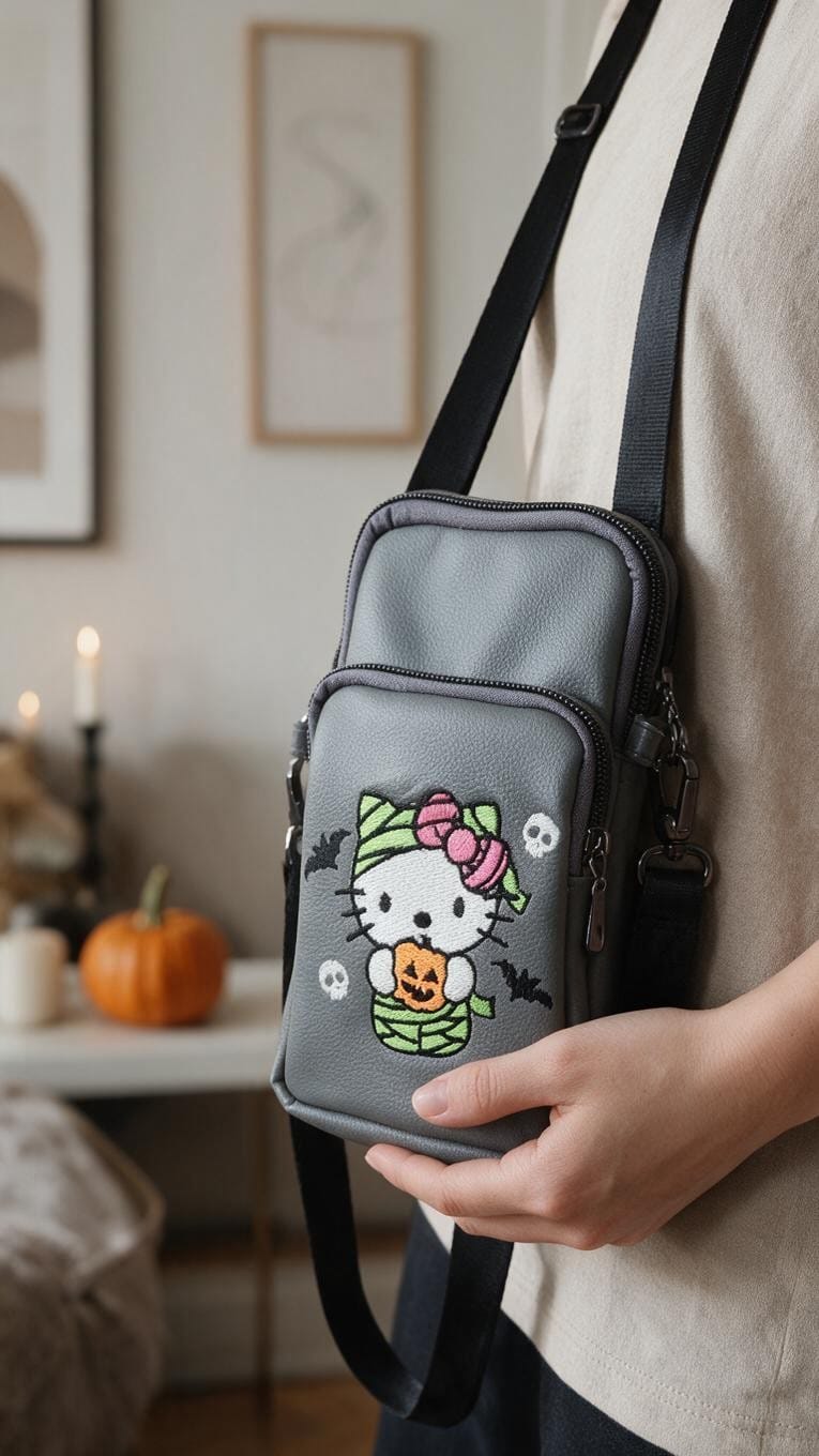 Halloween Hello Kitty Cellphone Crossbody. Worn by Model.