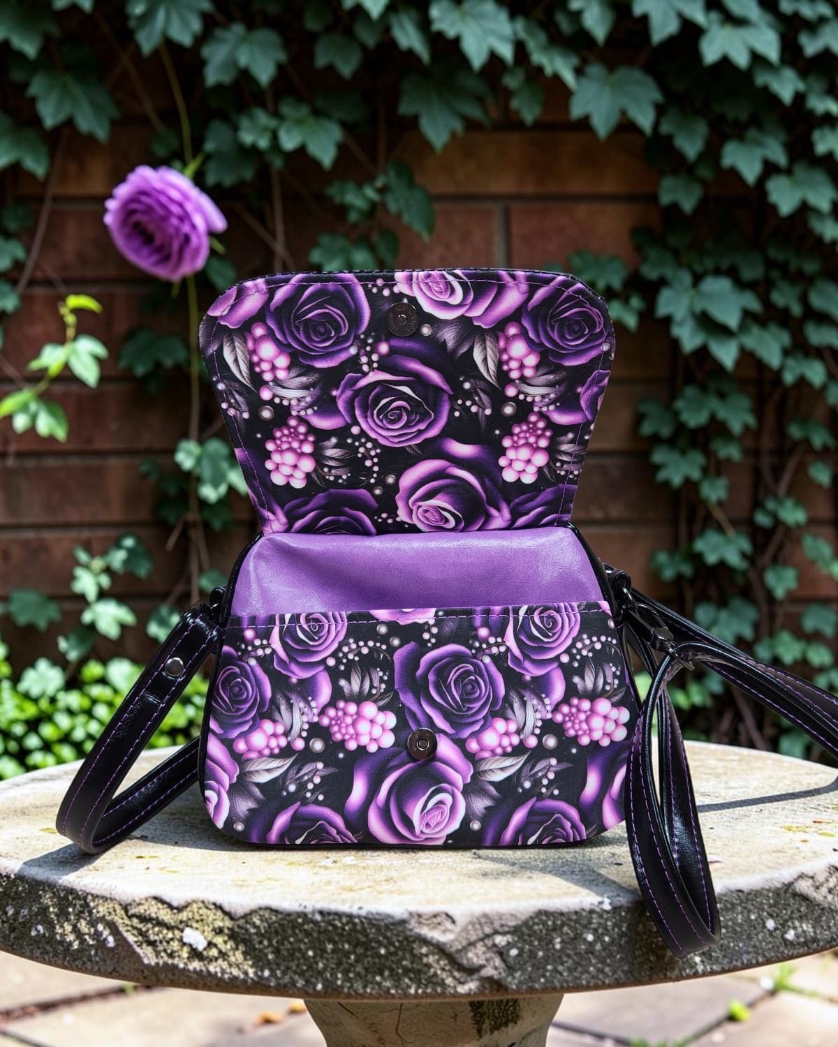 Purple Rose Small Bowler. Cell Phone Pocket.