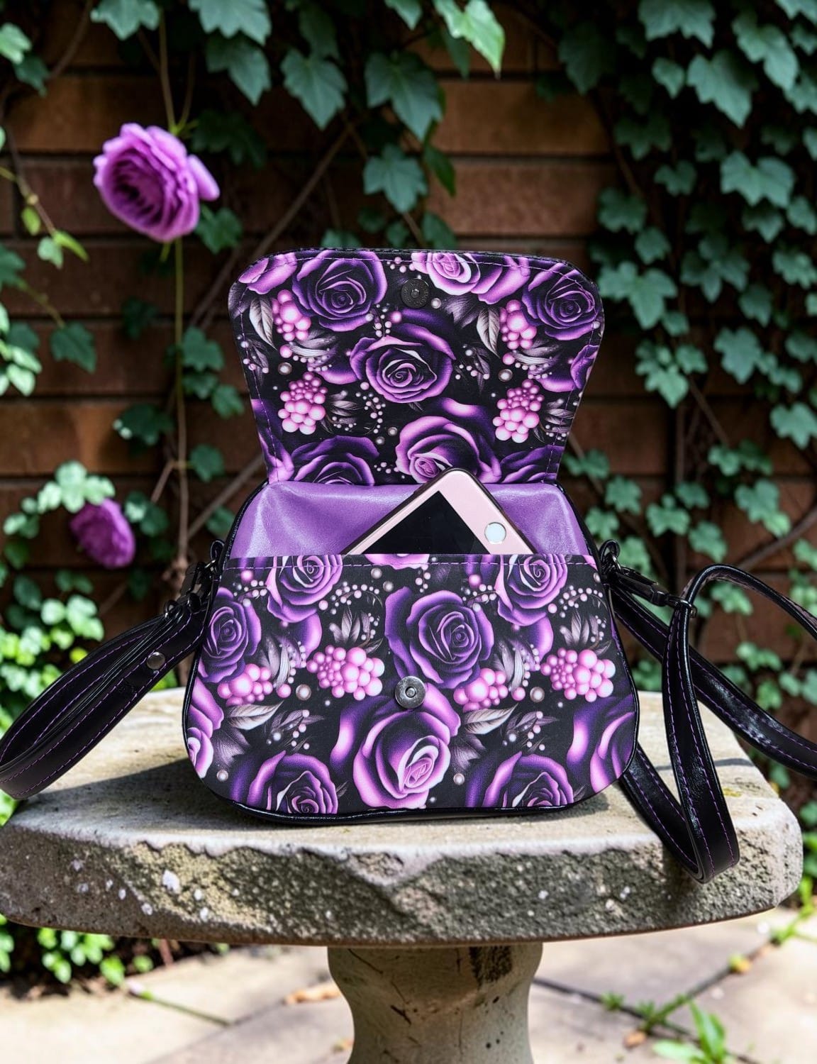 Purple Rose Small Bowler. Cell Phone Pocket.