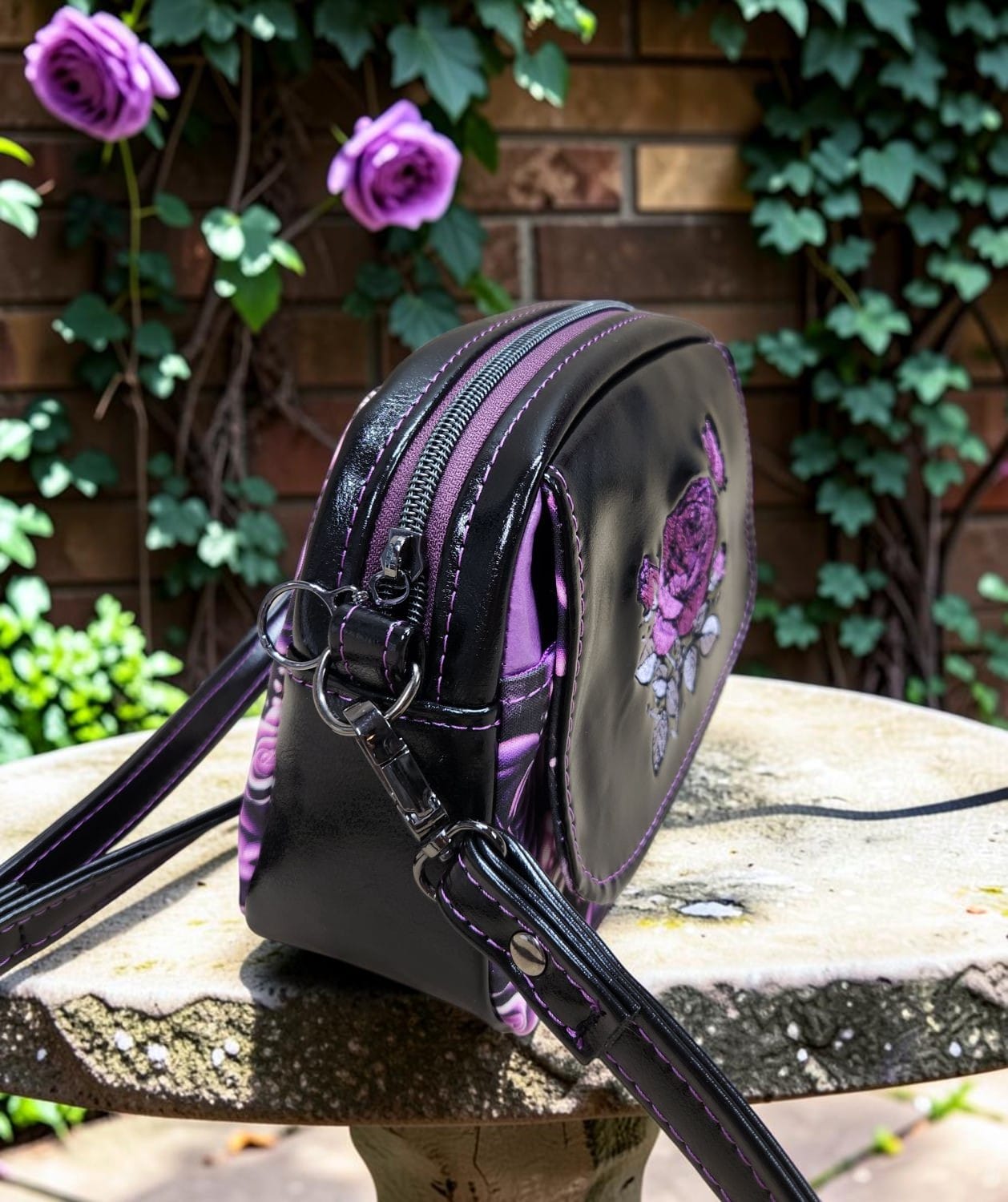 Purple Rose Small Bowler. Side View.