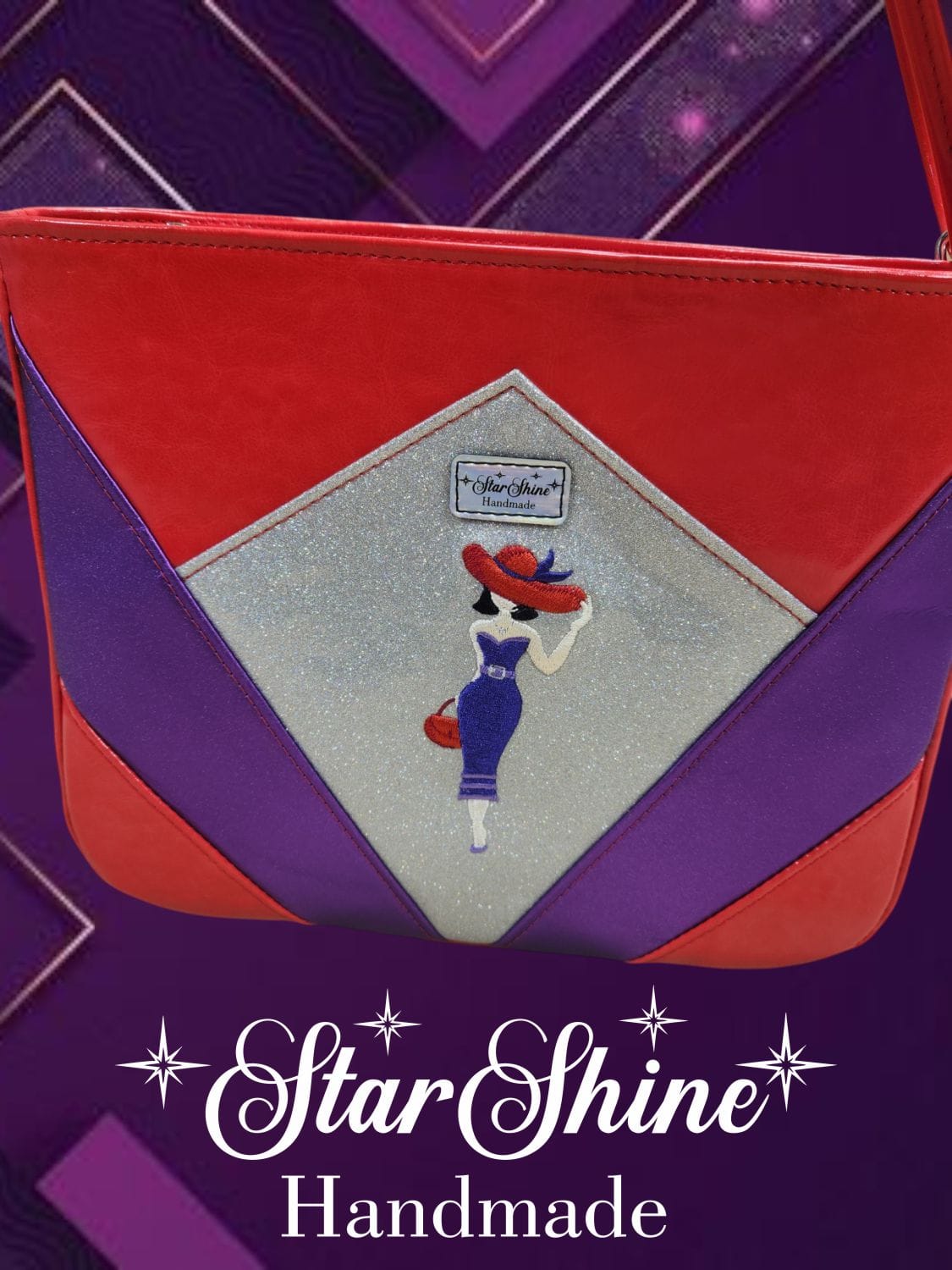 Red Hat Diamond Handbag. Front View Showing Embroidered Red Hat Lady.