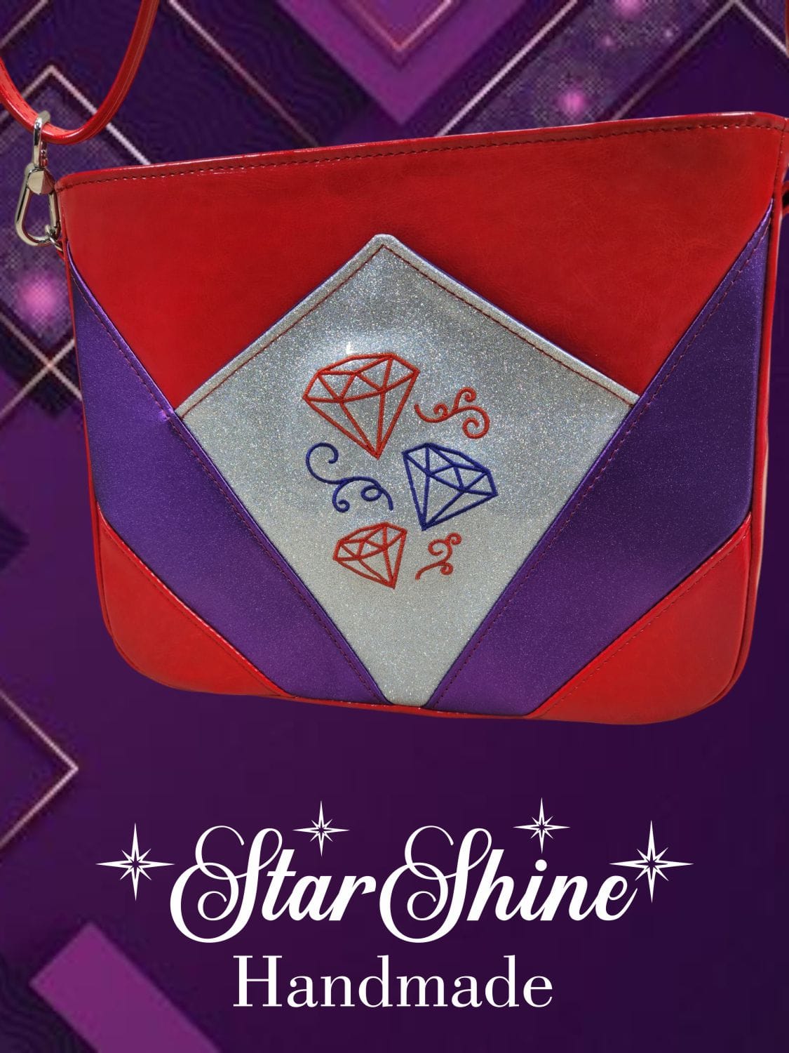 Red Hat Diamond Handbag. Rear View Showing Embroidered Diamonds.