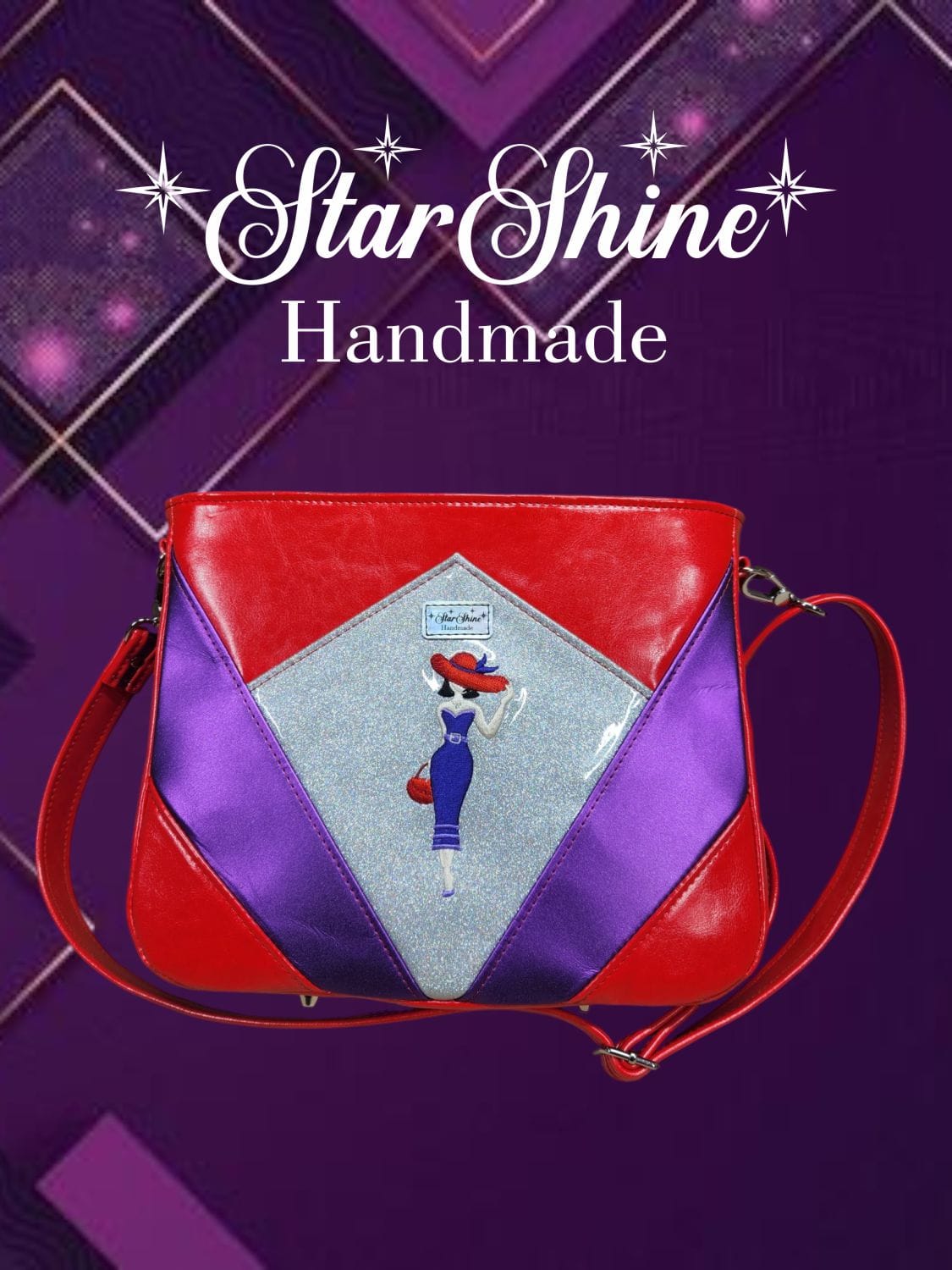 Red Hat Diamond Handbag. Front View Showing Embroidered Red Hat Lady.