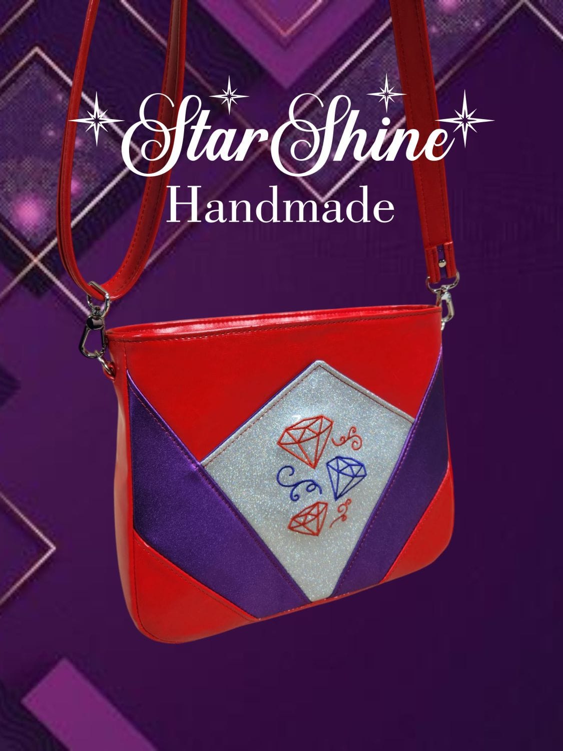 Red Hat Diamond Handbag. Front View Showing Embroidered Diamonds.