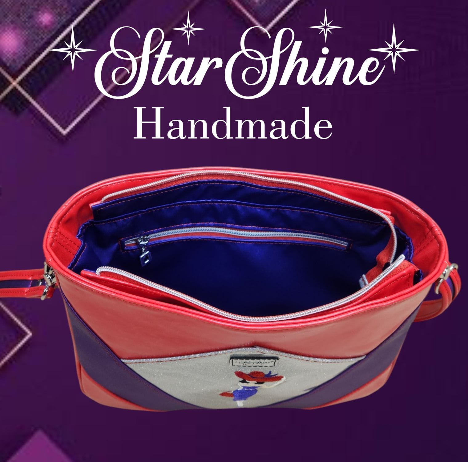 Red Hat Diamond Handbag. Top/Interior View.