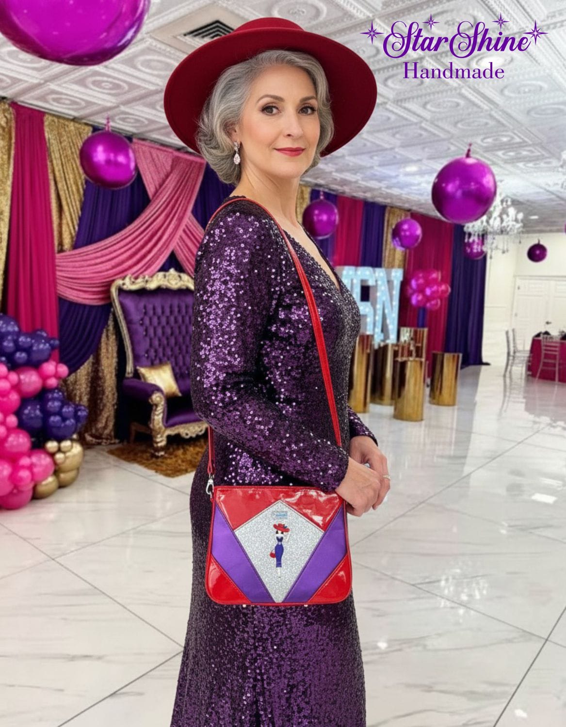 Red Hat Diamond Handbag. Worn by Model.