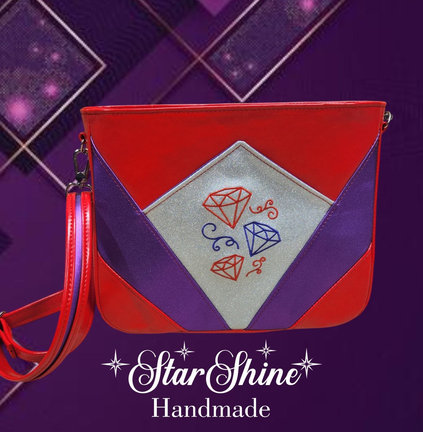 Red Hat Diamond Handbag. Rear View Showing Embroidered Diamonds.