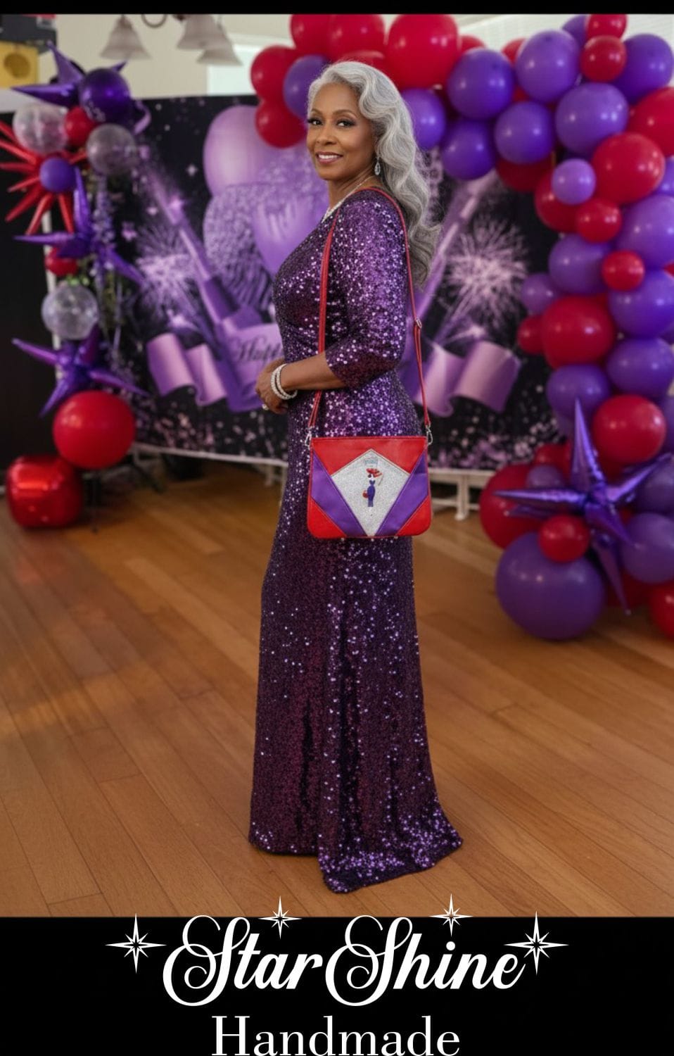 Red Hat Diamond Handbag. Front view, worn by model.