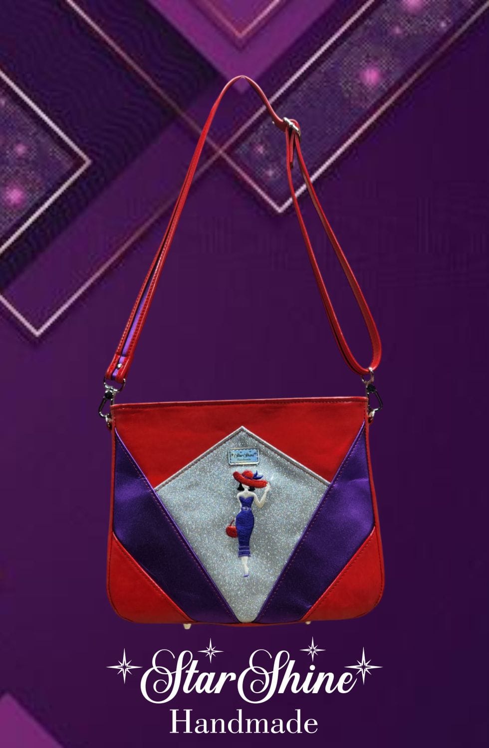 Red Hat Diamond Handbag. Front View Showing Embroidered Red Hat Lady.