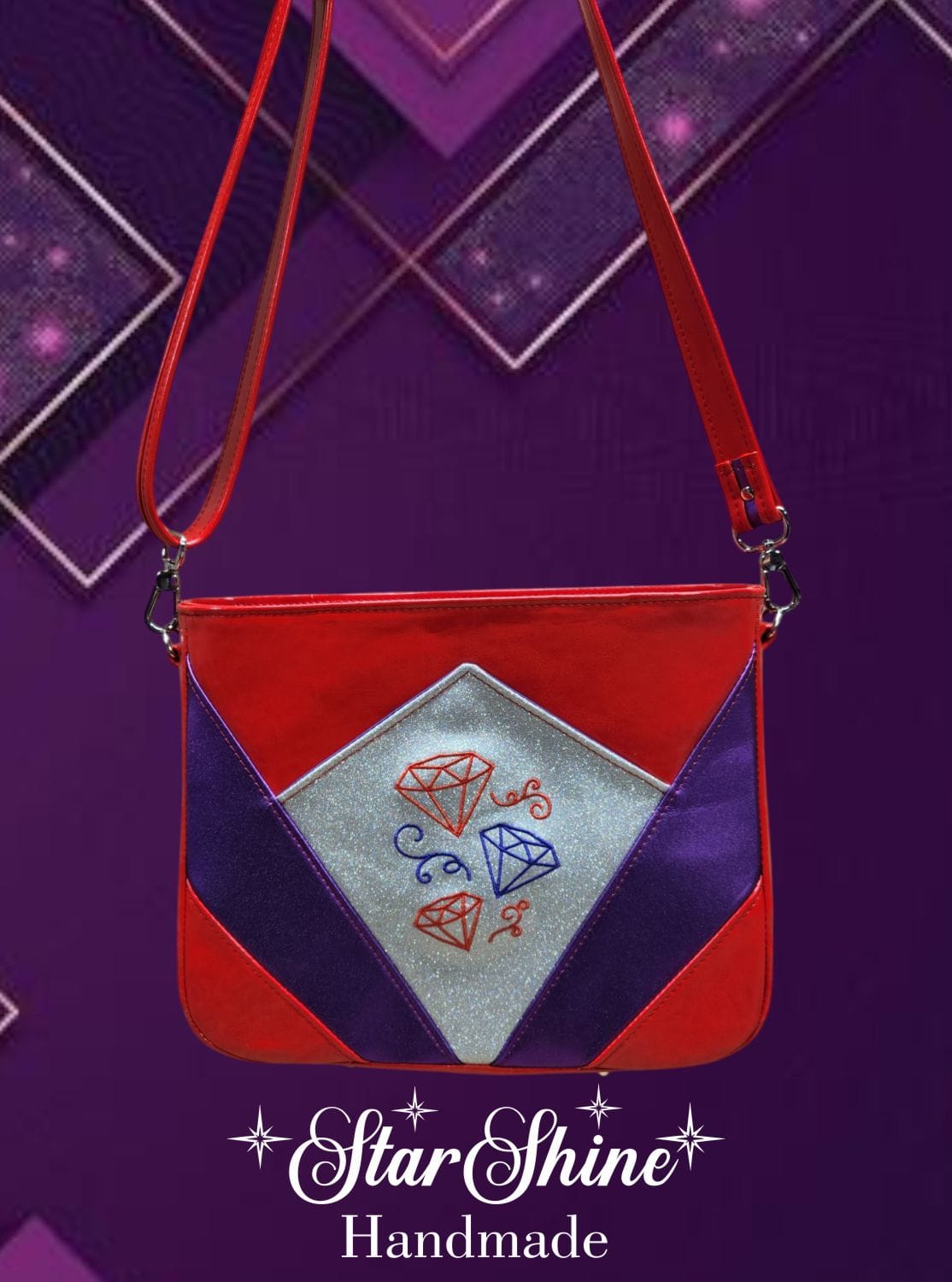 Red Hat Diamond Handbag. Rear View Showing Embroidered Diamonds.