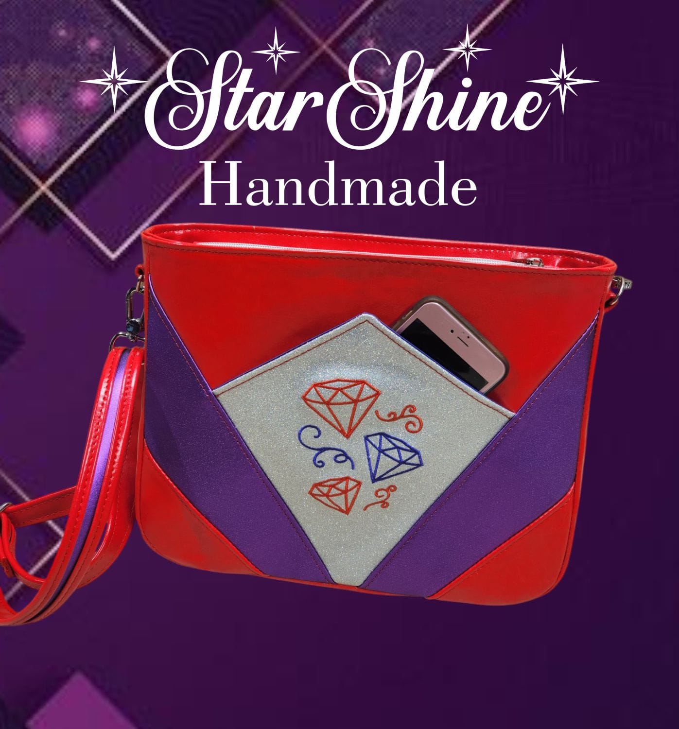 Red Hat Diamond Handbag. Rear View Showing Cell Phone Pocket.