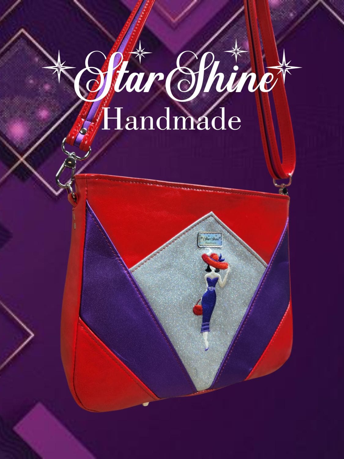 Red Hat Diamond Handbag. Front View Showing Embroidered Red Hat Lady.