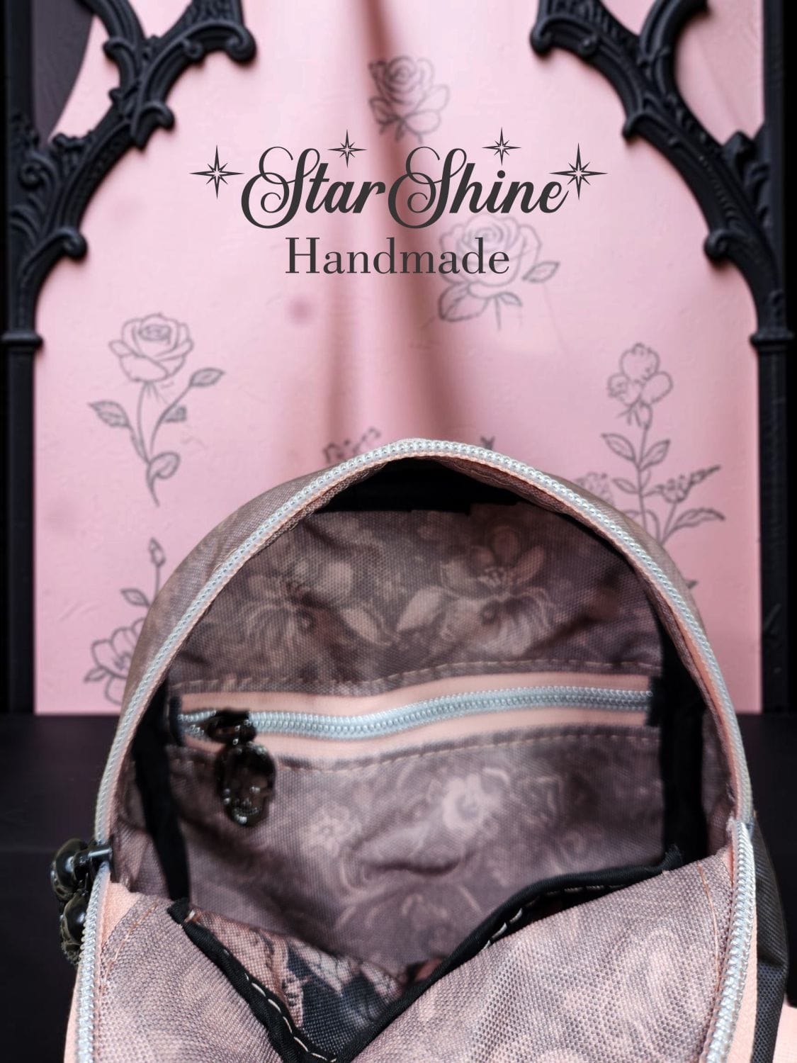 Gothic Romance Mini Sling. Interior View Showing Zipper Pocket.