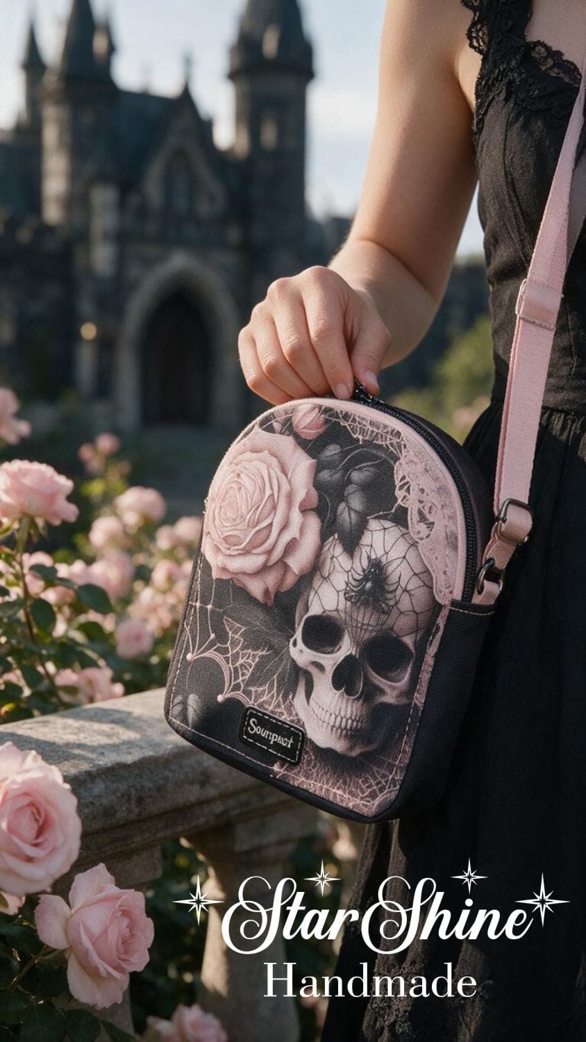 Gothic Romance Mini Sling. Front View, Worn By Model.