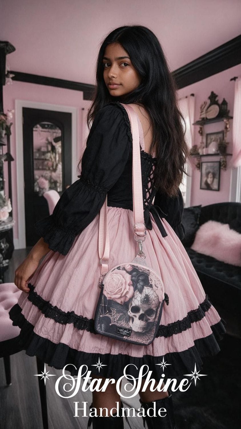 Gothic Romance Mini Sling. Front View, Worn By Model.