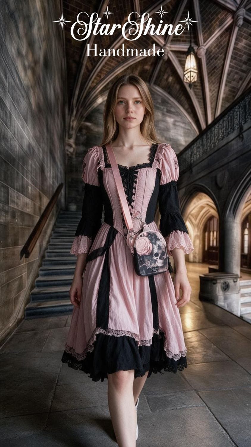 Gothic Romance Mini Sling. Front View. Worn By Model.