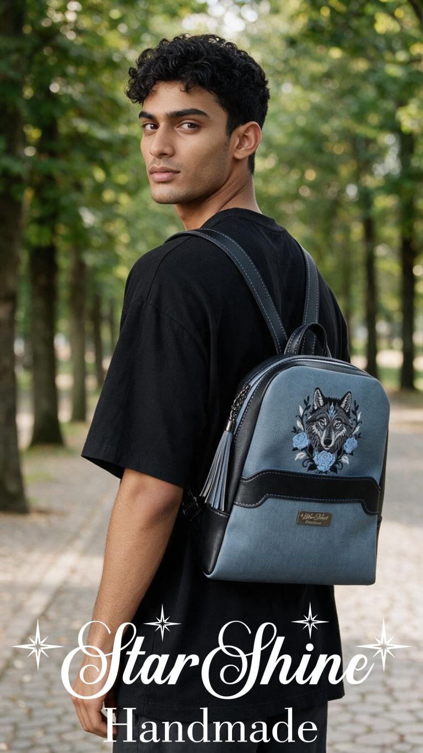 Medium Wolf Backpack. Worn By Model.