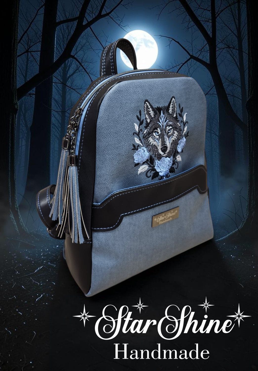 Medium Wolf Backpack. Front/Side View.