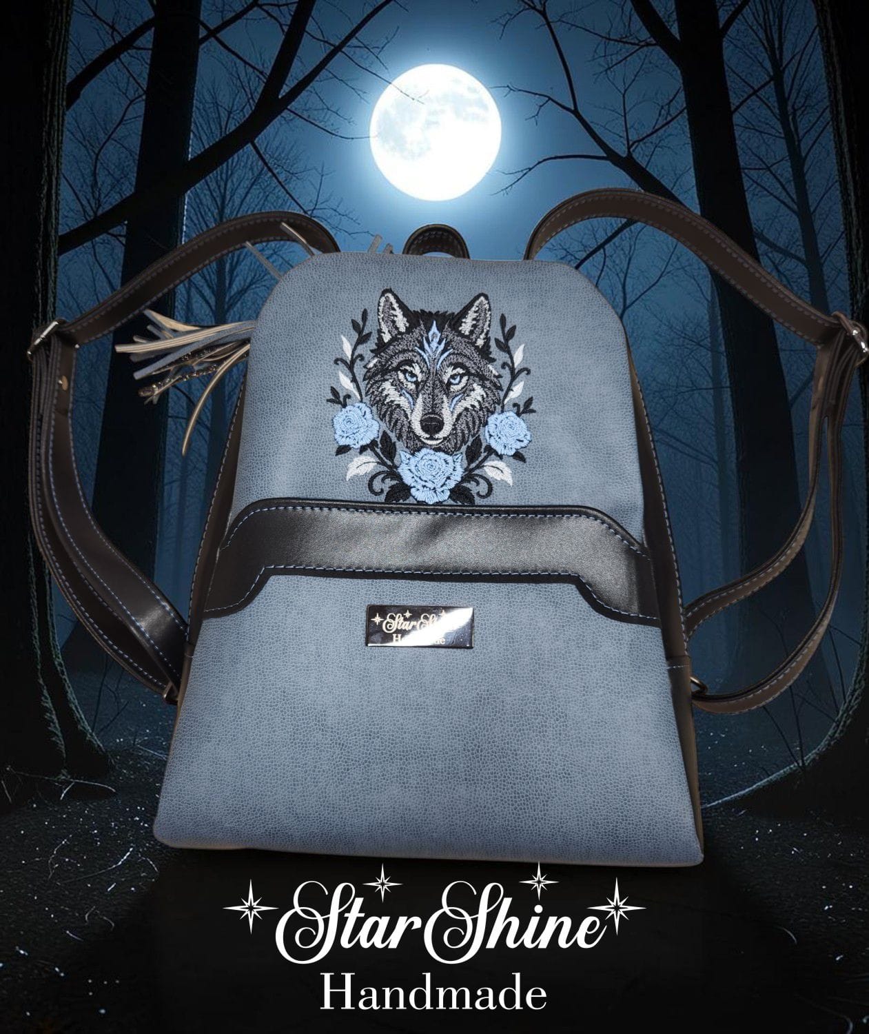 Medium Wolf Backpack. Front View.
