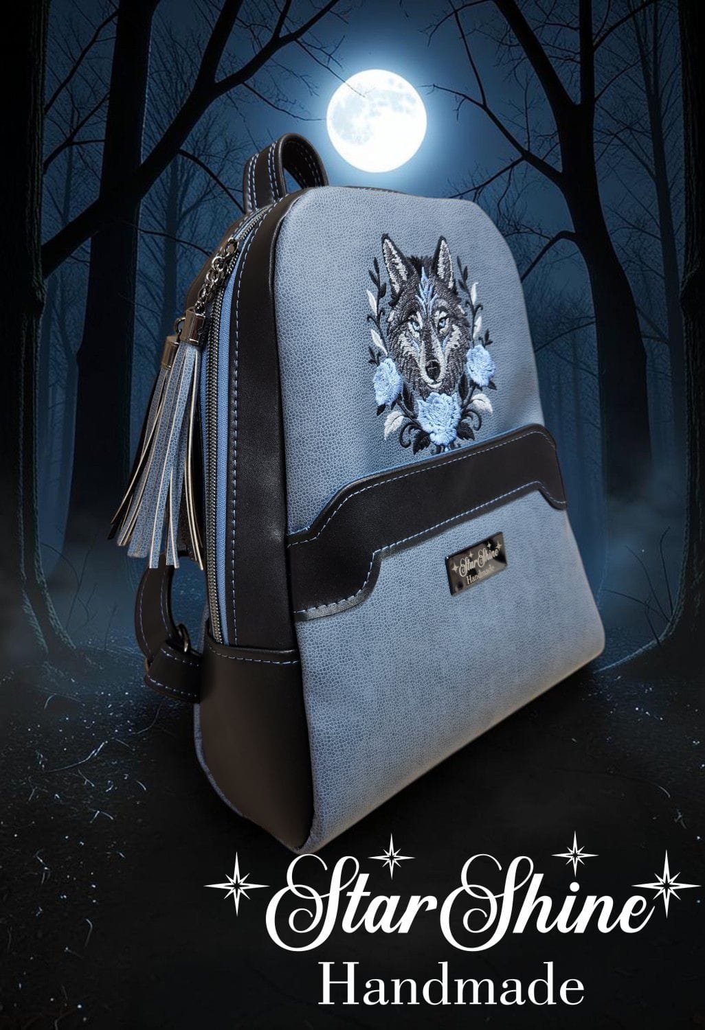 Medium Wolf Backpack. Front/Side View.